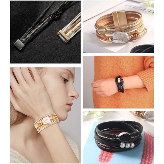 Womens Leather Wrap Bracelet Baroque Pearl Cuff Multi Layer Druzy Stone Wrap Gorgeous Gold Tube Bangle Handmade Wristbands Jewelry With Magnet Clasp Womens Leather Wrap Bracelet Baroque Pearl Cuff Multi Layer Druzy Stone Wrap Gorgeous Gold Tube Bangle Handmade Wristbands Jewelry With Magnet Clasp